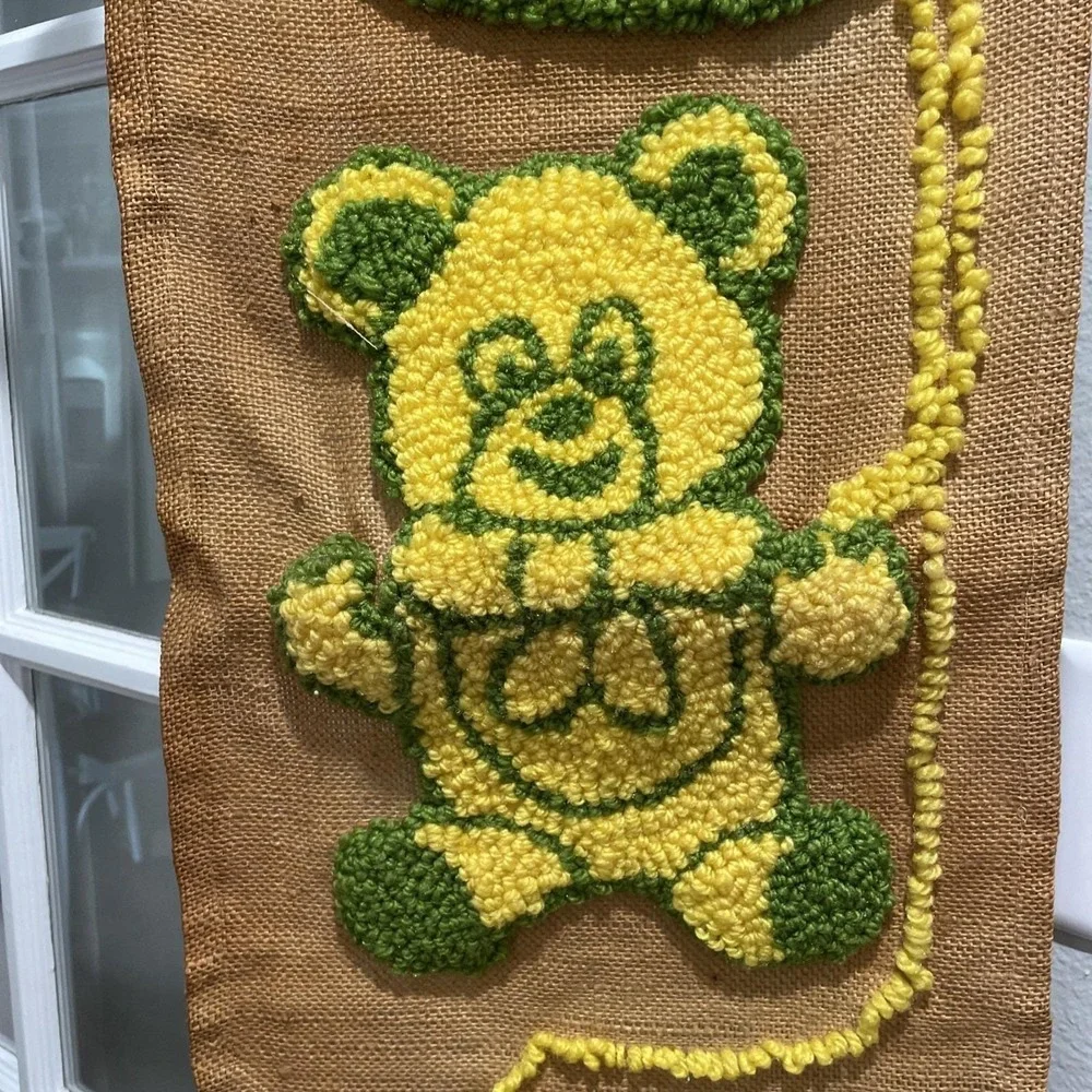 VTG Punch Needle Art Embroidery Yellow Green Baylor Bears Wall Tapestry Handmade